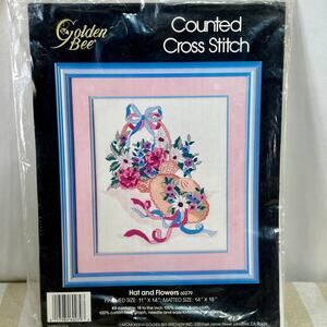 Golden Bee Counted Cross Stitch Kit Hat & Flowers 11 x 14 NOS VTG 1987